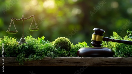 Gavel and Scales of Justice Amidst Lush Greenery