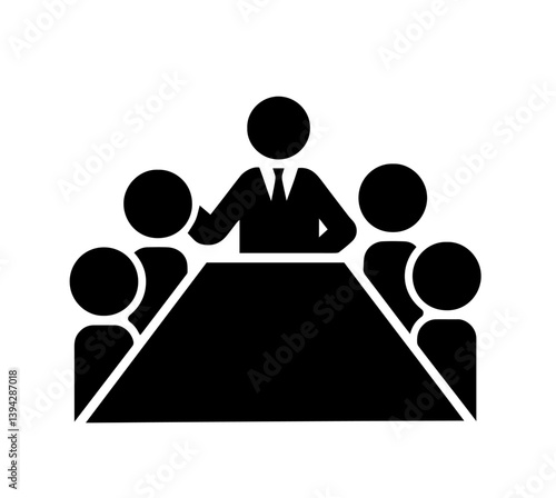 Team meeting with central leader figure and four team members, leadership, organization, discussion,teamwork, group negotiation, strategy development, team collaboration around a business table