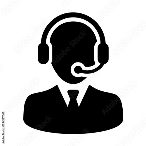 Silhouette of person in headset with microphone and suit, customer service, support, communication, assistance, professionalism, remote services, call center, technical or client-based help system.