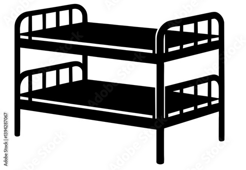 Metal bunk bed with vertical bars on both levels, upper and lower frames identical,practical furniture for small spaces, for dormitory, hostel, children’s room or shared sleeping areas.