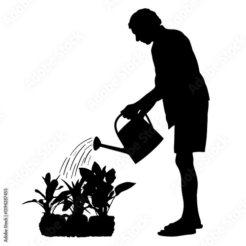 Silhouette of gardener in summer clothes watering bushes,  flowers, Gardening, Green Lifestyle, Growth, Cultivation, nature cultivation, seasonal connection, personal growth experienced through mindfu