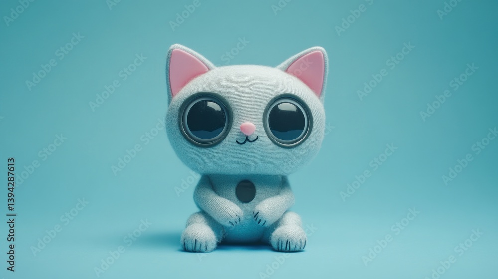 Cute cartoon 3D rendered kitten with large eyes sitting on a light blue background. Cute cartoon 3D rendered kitten with large eyes sitting on a light blue background.