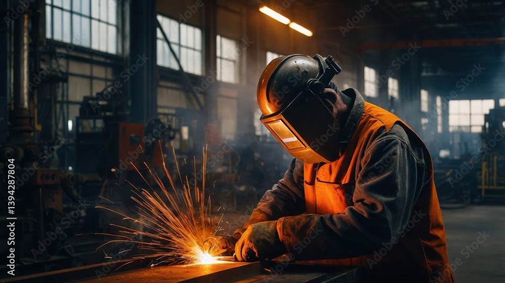 Welder wearing helmet welds metal with bright sparks in dark factory. Person wears orange jacket and protective gloves. Metalwork construction process background. Welder wearing helmet welds metal with bright sparks in dark factory. Person wears orange jacket and protective gloves. Metalwork construction process background.