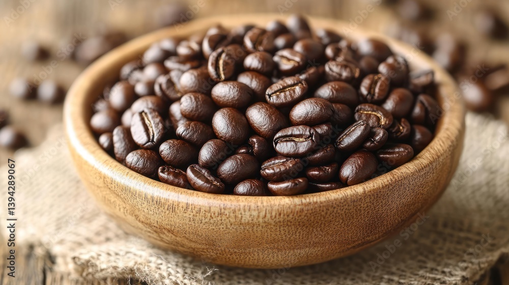 Fototapeta premium Freshly Roasted Coffee Beans in a Wooden Bowl on a Rustic Background with Natural Textures and Warm Tones
