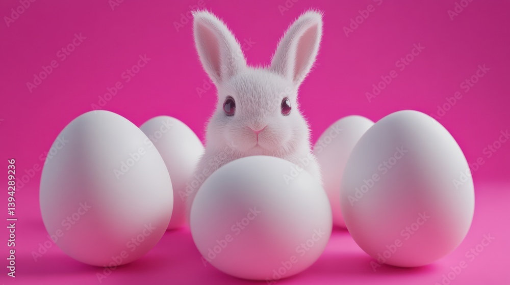 Cute white bunny surrounded by large white eggs on a pink background. Cute white bunny surrounded by large white eggs on a pink background.