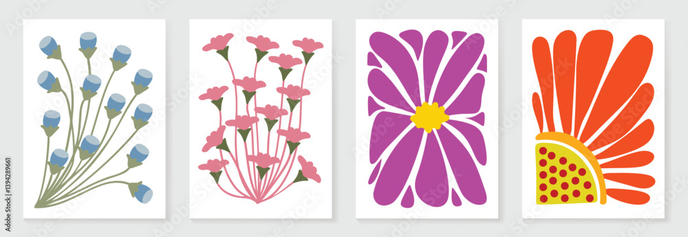 Obraz premium Botanical doodle background art vector set. Flower and leaves abstract shape doodle art design for print, wallpaper, clipart, wall art for home decoration.