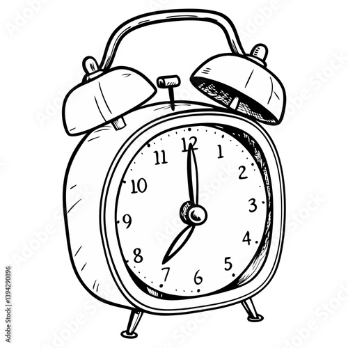 Retro alarm clock illustration in black and white style  