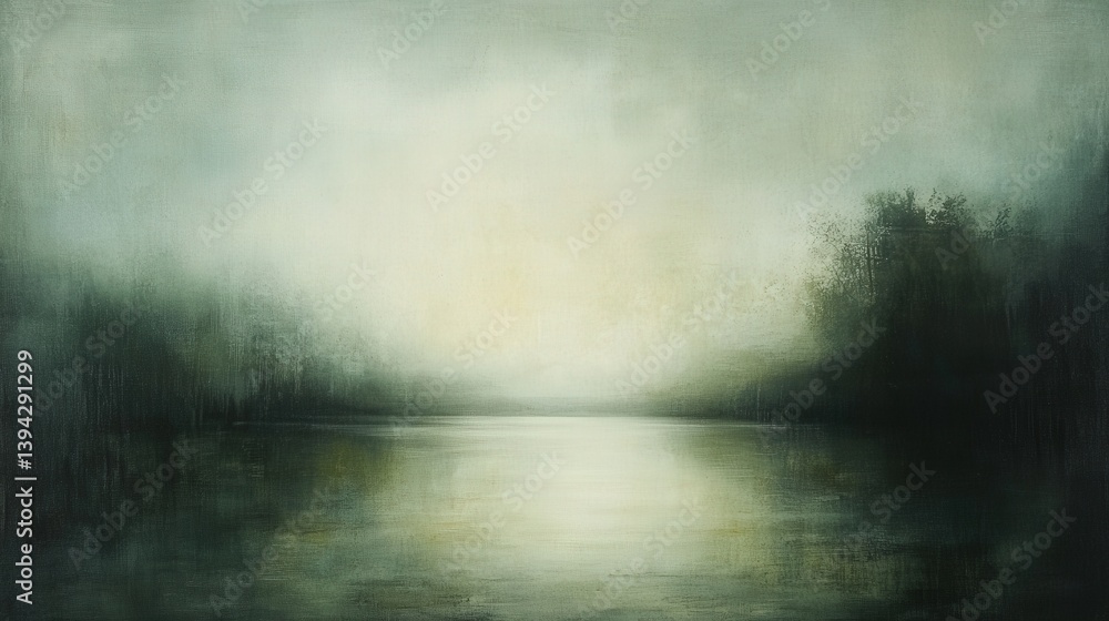 A serene landscape painting featuring a misty river reflecting soft light, surrounded by indistinct trees, evoking tranquility and calmness. A serene landscape painting featuring a misty river reflecting soft light, surrounded by indistinct trees, evoking tranquility and calmness.