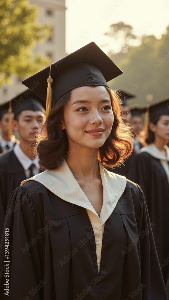 Graduates in caps and gowns standing outdoors during a ceremony Graduates in caps and gowns standing outdoors during a ceremony