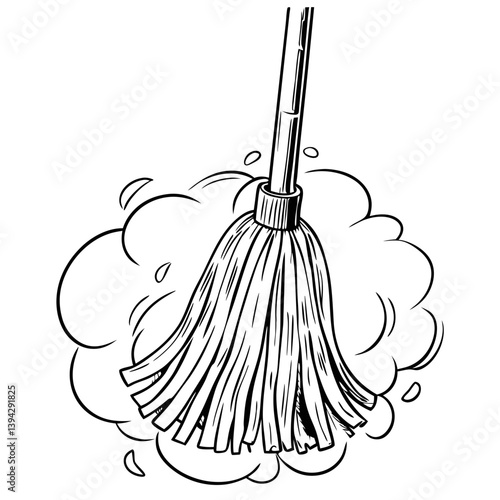 Retro mop creating dust in a black-and-white illustration  