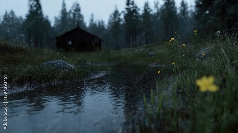 Fototapeta premium Misty forest scene with small cabin and stream