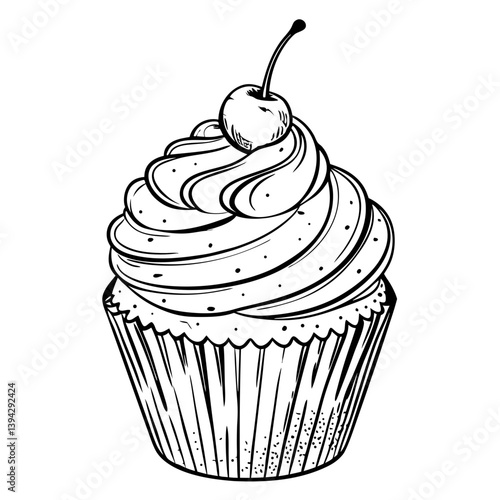 Black and White Retro-Style Cupcake with Cherry  
