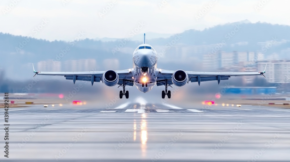 Commercial jet taking off from airport runway Commercial jet taking off from airport runway