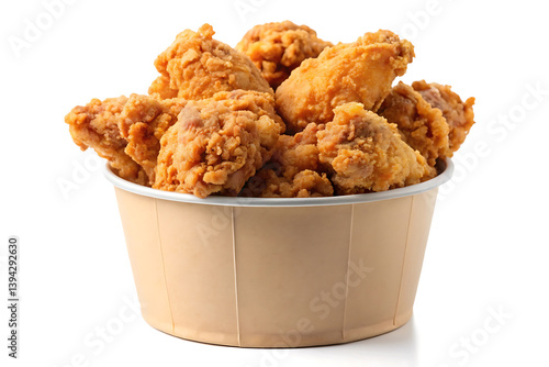 Fried Chicken Crispy Strips in Bucket – Isolated on White Background.