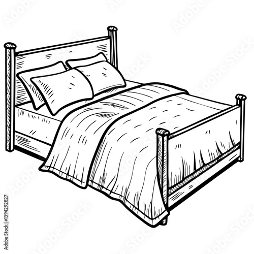 Black-and-White Sketch of a Cozy Bed with Pillows  