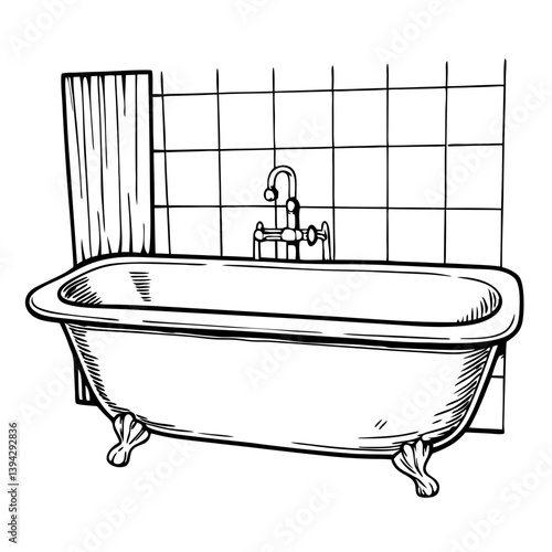 Retro black-and-white bathtub illustration in a tiled bathroom  