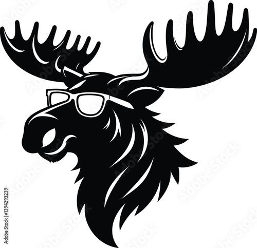 Cool Moose Wearing Sunglasses Silhouette, Black Vector Illustration