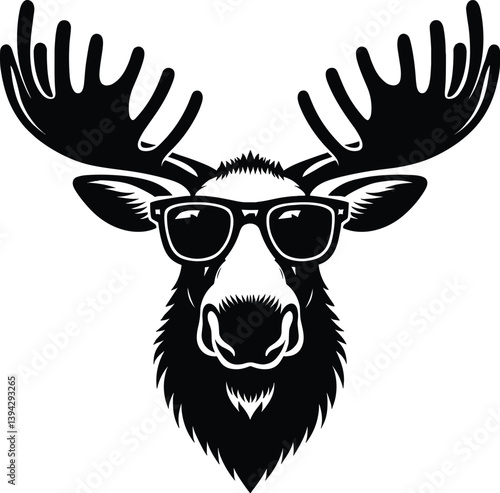 Cool Moose Wearing Sunglasses Silhouette, Black Vector Illustration