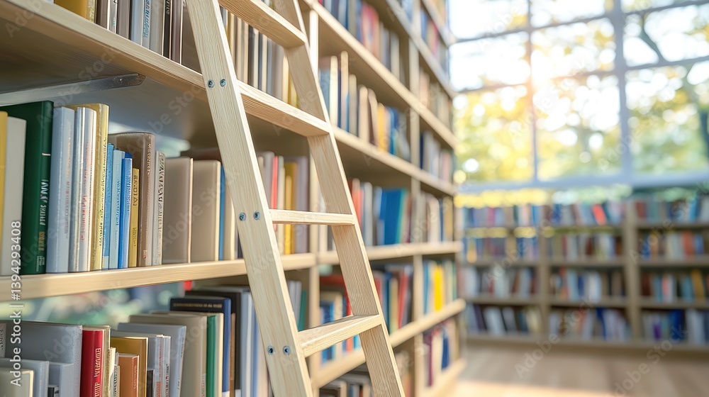Library ladder leaning against bookshelves in a library Library ladder leaning against bookshelves in a library