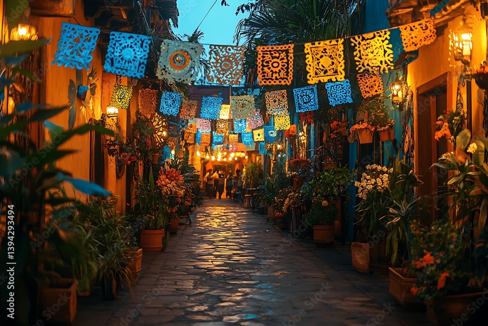Fototapeta premium Cobblestone Street Lit by Lanterns & Hanging Papel Picado, Potted Plants Adorn Sidewalks