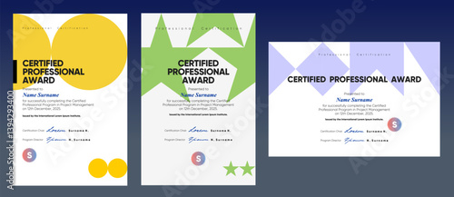 Horizontal employee certificate featuring oversized geometric shapes in gray and white, providing a clean and structured canvas for official appreciation.
