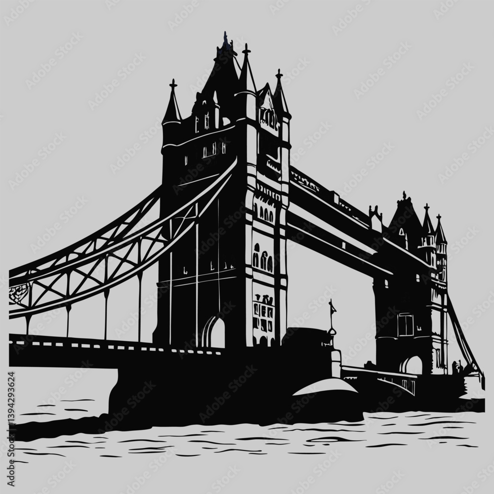 Obraz premium London Bridge stretching over the Thames silhouette vector design art and illustration