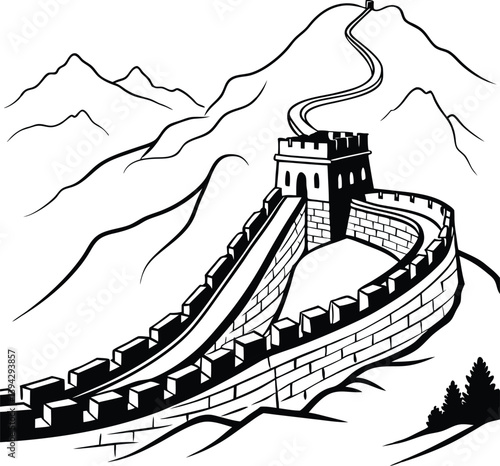 The Great Wall of China winding through mountains silhouette vector design art and illustration