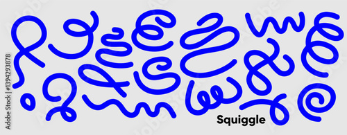 Minimalist squiggle-style illustration in bold blue on a light gray background. Repeating playful loops form a visual rhythm with the word “Squiggle” anchored in bold black type.