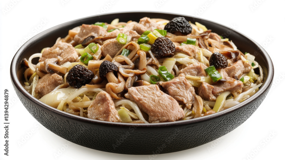 Chop suey with leek, Delicious stir-fry of tender chicken and crunchy vegetables, chop suey close-up in a plate on white background. Chop suey with leek, Delicious stir-fry of tender chicken and crunchy vegetables, chop suey close-up in a plate on white background.