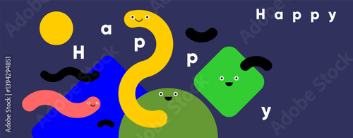 Whimsical characters spell out “Happy” across a blue background, surrounded by smiling shapes, bouncing curves, and floating letters. A cheerful, childlike, and uplifting illustration full of joy.