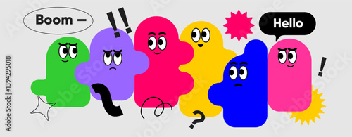 Cartoon blob characters with expressive eyes and emotional symbols like exclamation marks, stars, and question marks, gathered under the title “Boom – Hello” on a light background.
