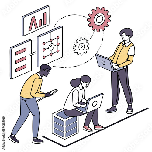 AI Technology Set: Characters Utilizing Generative AI Tools for Business, Content Creation, Marketing, and Automation Tasks. Vector Illustration Depicting Modern Workflows Enhanced by Artificial Intel