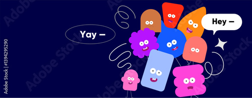 A joyful group of quirky cartoon shapes with big eyes and smiling faces gather under the heading “Yay – Hey.” Set on a dark background with swirly lines, the composition bursts with playful energy.