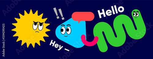 Cheerful cartoon shapes interact in a greeting scene featuring “Hey – Hello,” expressive faces, and speech bubbles. The playful design uses a navy background with vibrant, contrasting shapes.