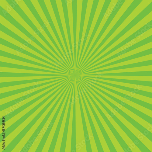 Green ray background. Vintage abstract texture. Retro starburst, sun beam. Halftone color. Light burst. Bright shine sunburst. Empty blank, scrapbook surface. Clean nature energy.