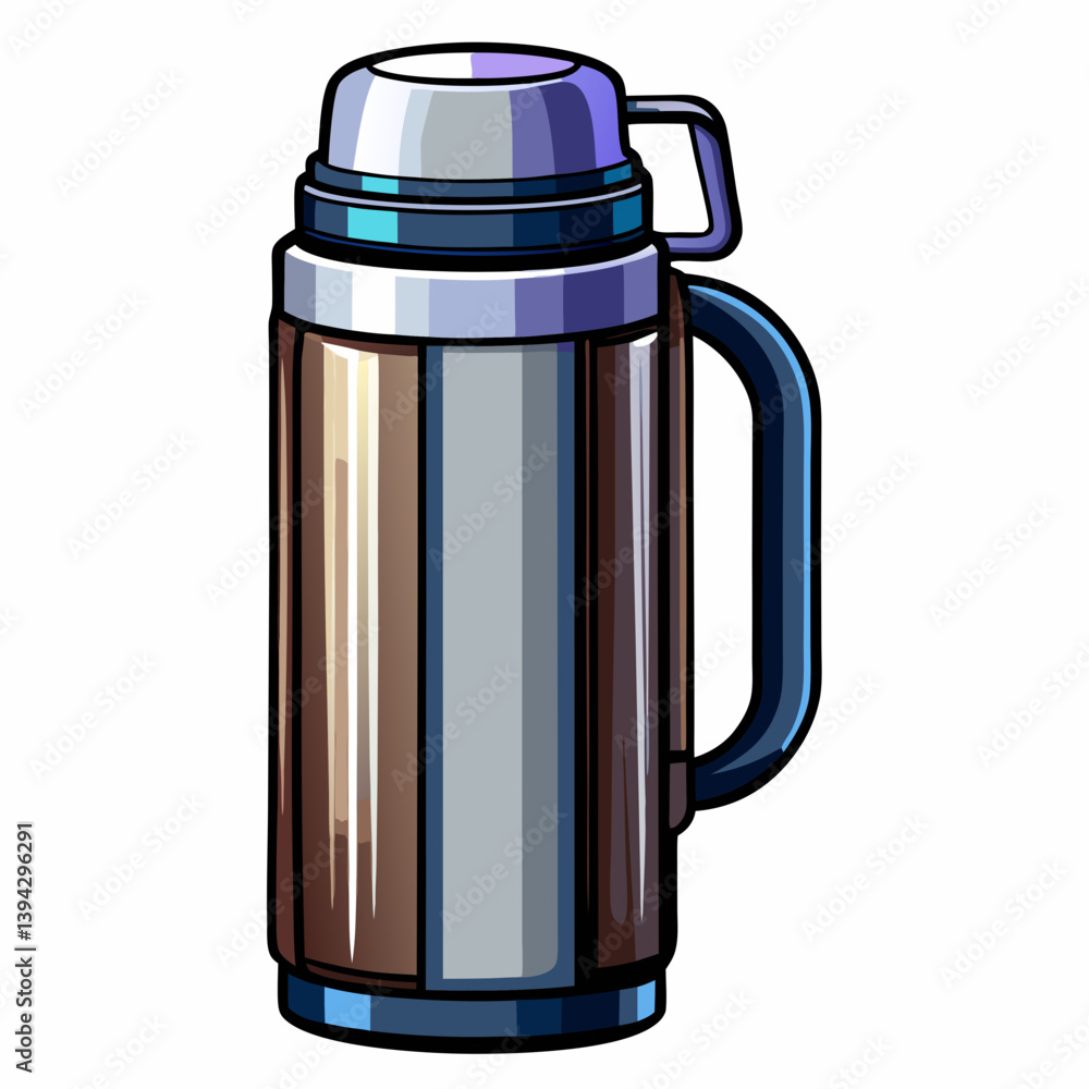 A vector illustration of a sleek stainless steel thermos with a screw-top lid, isolated on a white background A vector illustration of a sleek stainless steel thermos with a screw-top lid, isolated on a white background