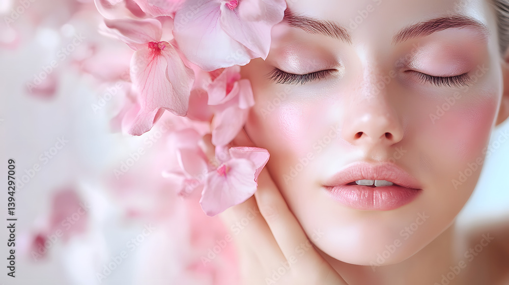 Blossom Serenity: A serene portrait captures a woman with closed eyes, delicately adorned with soft pink blossoms. The image evokes a sense of tranquility and natural beauty, ideal for wellness. Blossom Serenity: A serene portrait captures a woman with closed eyes, delicately adorned with soft pink blossoms. The image evokes a sense of tranquility and natural beauty, ideal for wellness.