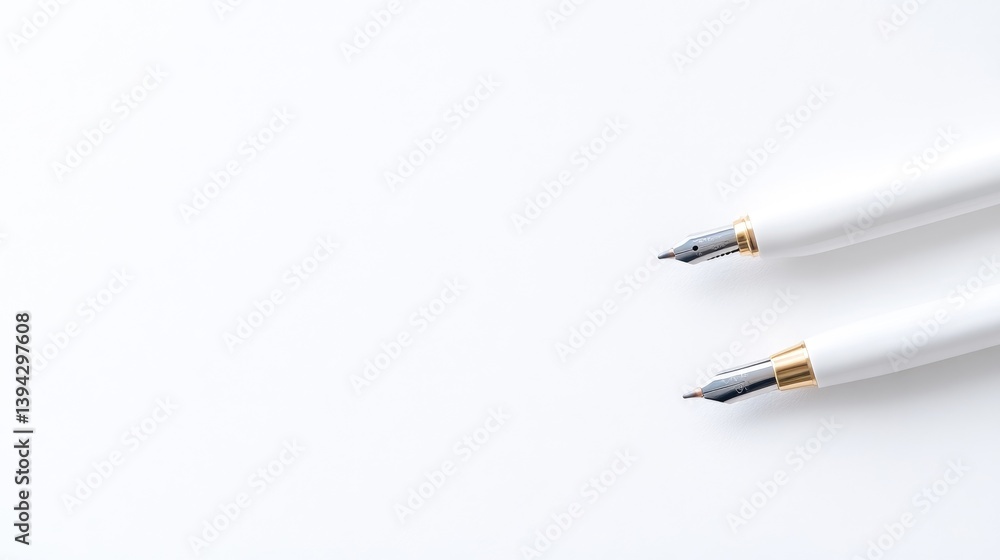 Two white fountain pens on white background Two white fountain pens on white background