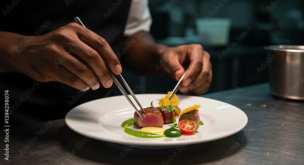 Arranging Tuna Dish with Tweezers for Fine Dining Presentation Arranging Tuna Dish with Tweezers for Fine Dining Presentation