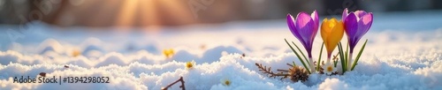 Purple and yellow crocus emerge from melting snow , ground, landscape