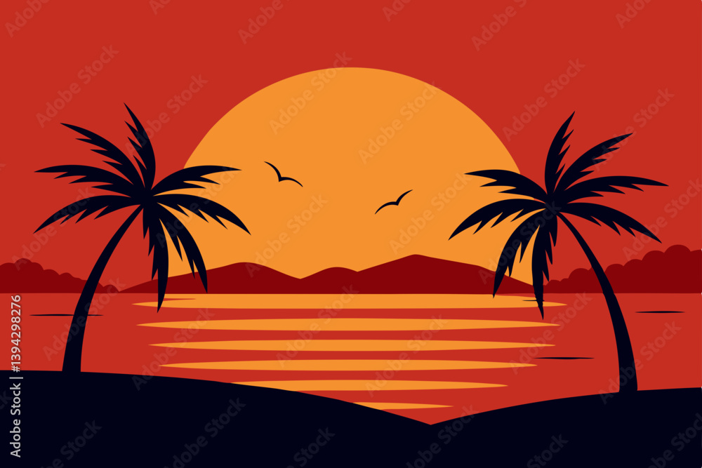 Sunset Illustration of Gradient beach landscape silhouette vector background Sunset Illustration of Gradient beach landscape silhouette vector background