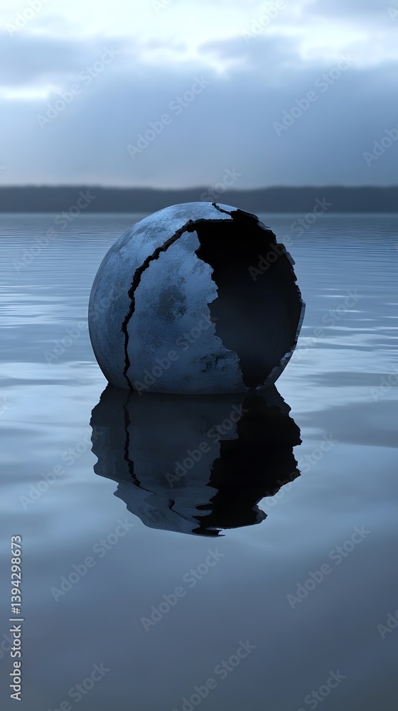 Fototapeta premium Cracked Stone Sphere Floating on Calm Water, Surreal Abstract 3D Render