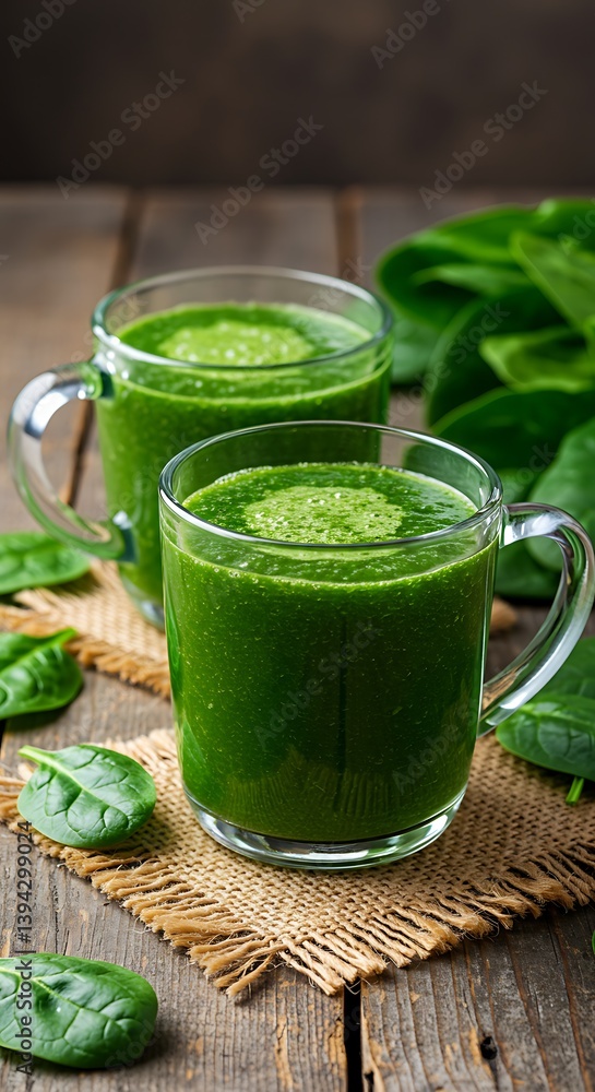 Refreshing green spinach smoothie in glass mugs, a vibrant healthy treat perfect for a revitalizing morning, set on a rustic wooden table with burlap mat. Refreshing green spinach smoothie in glass mugs, a vibrant healthy treat perfect for a revitalizing morning, set on a rustic wooden table with burlap mat.