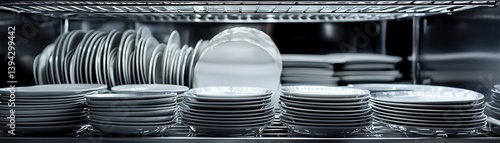 Wallpaper Mural Plates stacked on shelf in a commercial kitchen, ready for service, showing cleanliness and preparation, suitable for food photography Torontodigital.ca