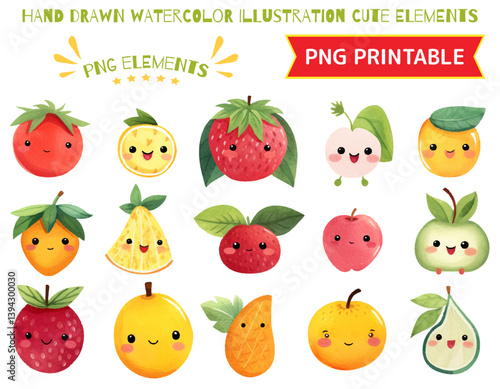 Hand drawn watercolor illustration, kawaii fruits elements