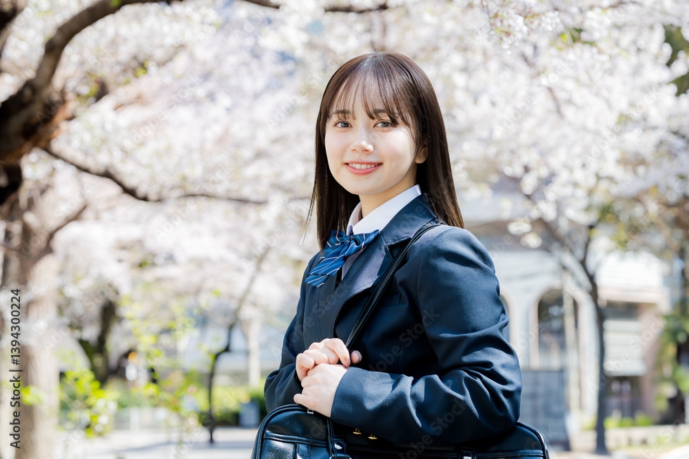 桜の中を歩く女子高生