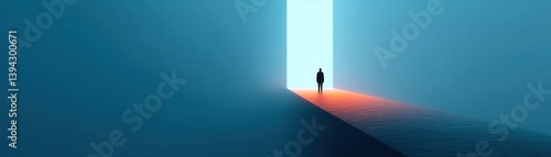 A solitary figure stands on a path leading to a bright doorway, symbolizing hope, opportunity, and the journey toward enlightenment.