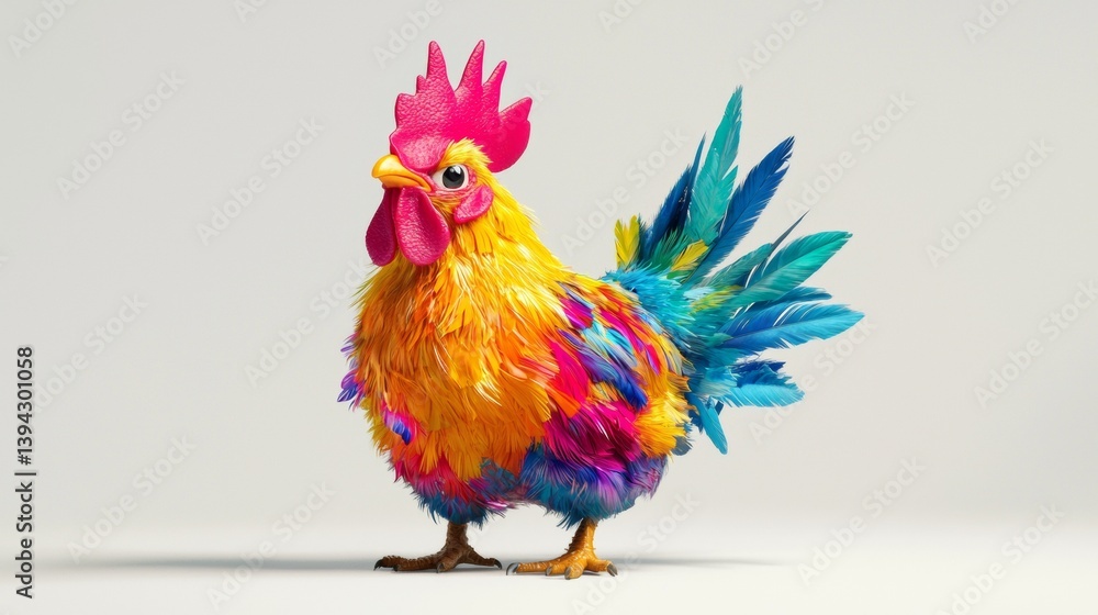 Fototapeta premium Colorful rooster stands proudly in a bright setting showcasing vibrant feathers and striking appearance