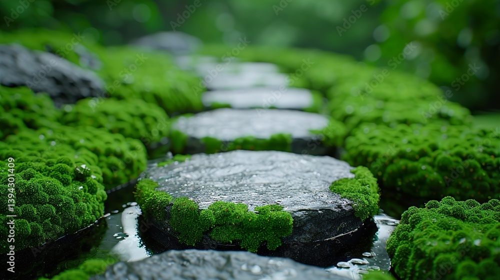 Close-up image of moss covering a stone pathway, Close-up image of moss covering a stone pathway,