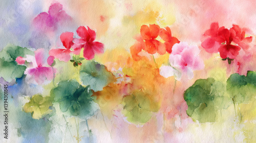 Fototapeta Naklejka Na Ścianę i Meble -  vibrant watercolor painting featuring colorful geranium flowers shades of red, pink, and green